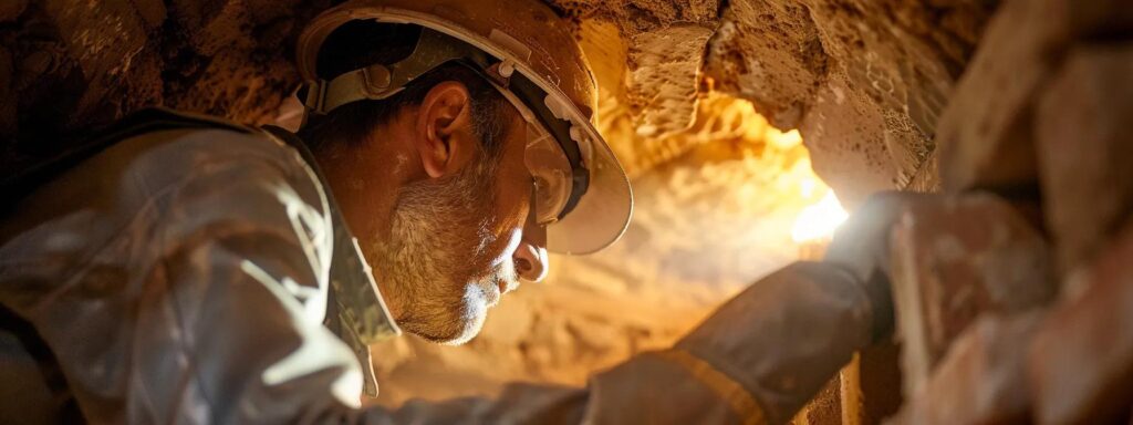 a detailed view of a professional conducting an inspection inside a rustic chimney, illuminated by warm light filtering through the masonry, highlighting the textures and revealing signs of wear and necessary repairs.