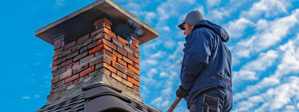 a professional chimney inspector meticulously examines a well-maintained brick chimney against a crisp blue sky, highlighting the importance of affordable inspections for new jersey homeowners.