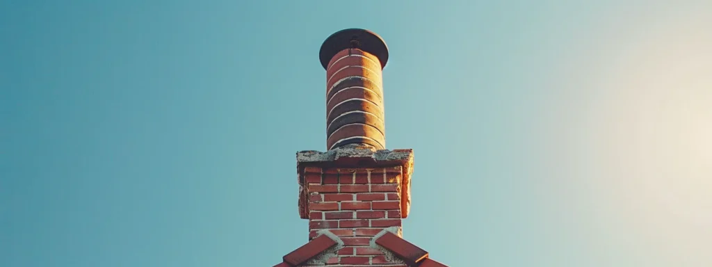 a beautifully maintained brick chimney rises against a clear blue sky, bathed in warm sunlight, symbolizing the safety and longevity achieved through regular professional assessments on a cozy suburban home.