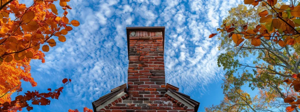 a beautifully maintained brick chimney stands tall against a crisp blue sky, surrounded by colorful autumn leaves, showcasing the importance of proactive chimney safety and maintenance.