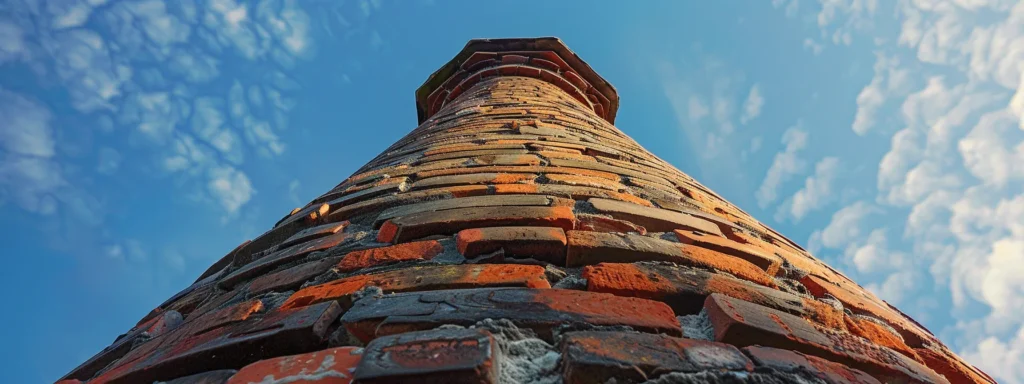 a certified inspector meticulously examines a well-worn brick chimney against a backdrop of a clear blue sky, emphasizing the importance of safety and structural integrity in chimney maintenance.