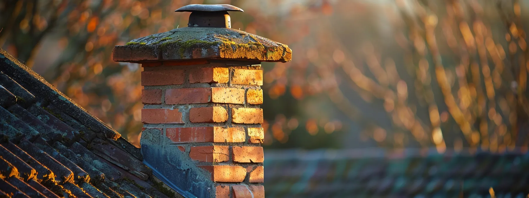 a close-up of a well-maintained chimney atop a charming brick house, bathed in warm golden sunlight, highlighting the importance of professional evaluation services for chimney repair.