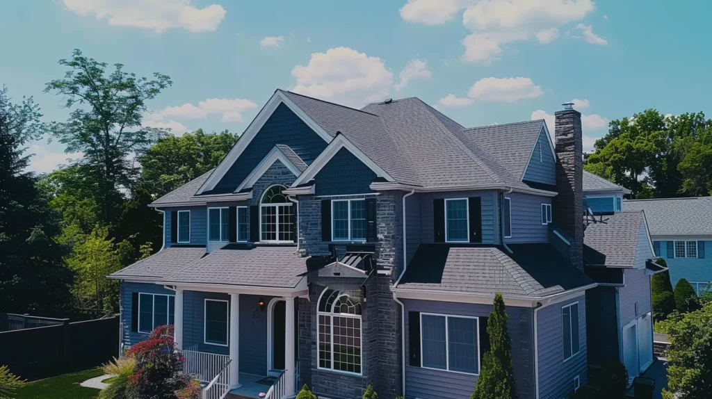 a close-up view of a sleek, modern roofing project in new jersey under a bright blue sky, showcasing the seamless integration of quality materials, well-maintained gutters, and a hint of chimney elegance, capturing the essence of affordable yet premium roofing services.