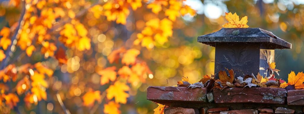 a close-up view of a well-maintained chimney surrounded by vibrant autumn foliage, showcasing the contrast between the sturdy steel components and the colorful leaves, illuminated by soft, golden sunlight, emphasizing the importance of regular inspections for safety and peace of mind.