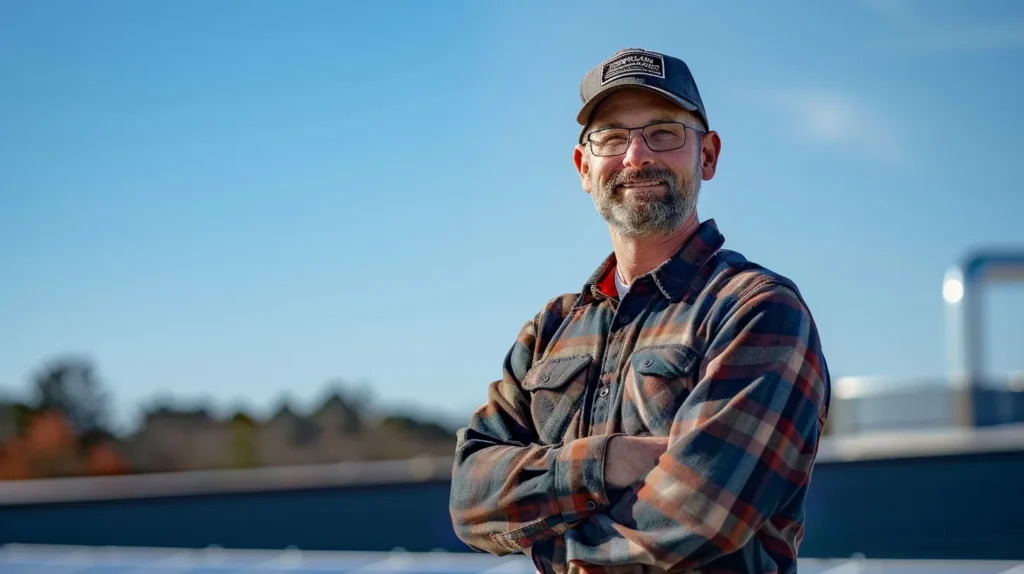 a confident commercial roofing contractor stands proudly in front of a newly completed rooftop, emphasizing the reliability of warranties and insurance policies against a backdrop of a clear blue new jersey sky.