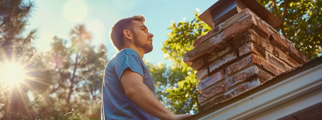 a confident homeowner inspects a sturdy, well-maintained chimney under bright sunlight, highlighting the importance of meticulous evaluations and professional credentials for safe chimney repair.