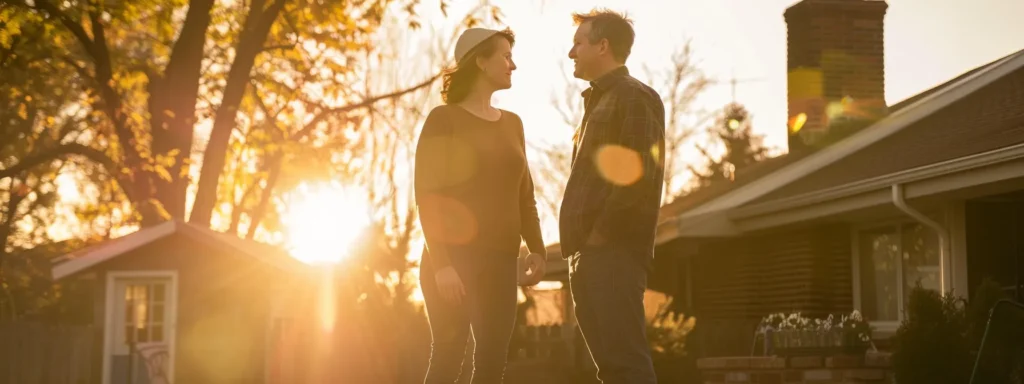 a confident homeowner stands next to a qualified chimney evaluation specialist discussing chimney maintenance under the warm glow of late afternoon sunlight, with the well-maintained brick chimney towering in the background.