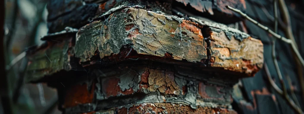 a detailed close-up of a damaged chimney stack reveals hazardous creosote buildup and signs of water damage, bathed in dramatic lighting that highlights the urgent need for repair and safety in a suburban new jersey setting.