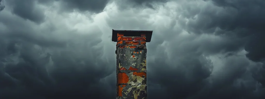 a dramatic, high-contrast image capturing a weathered chimney with visible cracks and deterioration against a backdrop of a dark, stormy sky, emphasizing the hidden dangers and necessity of professional inspections for safe chimney maintenance.