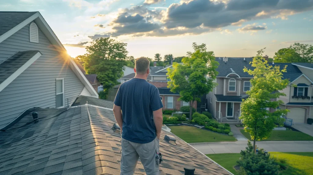 a knowledgeable contractor examines various roofing materials under natural light, showcasing vibrant green roofs and sleek asphalt shingles, with a backdrop of a meticulously maintained residential structure.