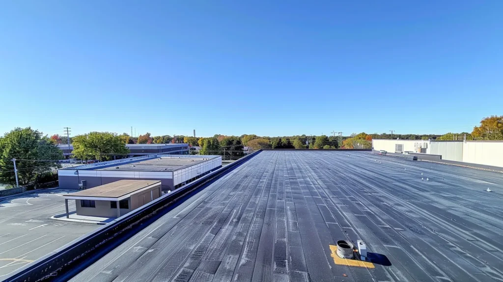 a panoramic view of a commercial building's pristine, well-maintained roof under a clear blue sky, showcasing the effectiveness of comprehensive roof repair solutions in new jersey, with gleaming gutters and freshly painted siding reflecting the sun's warm glow.