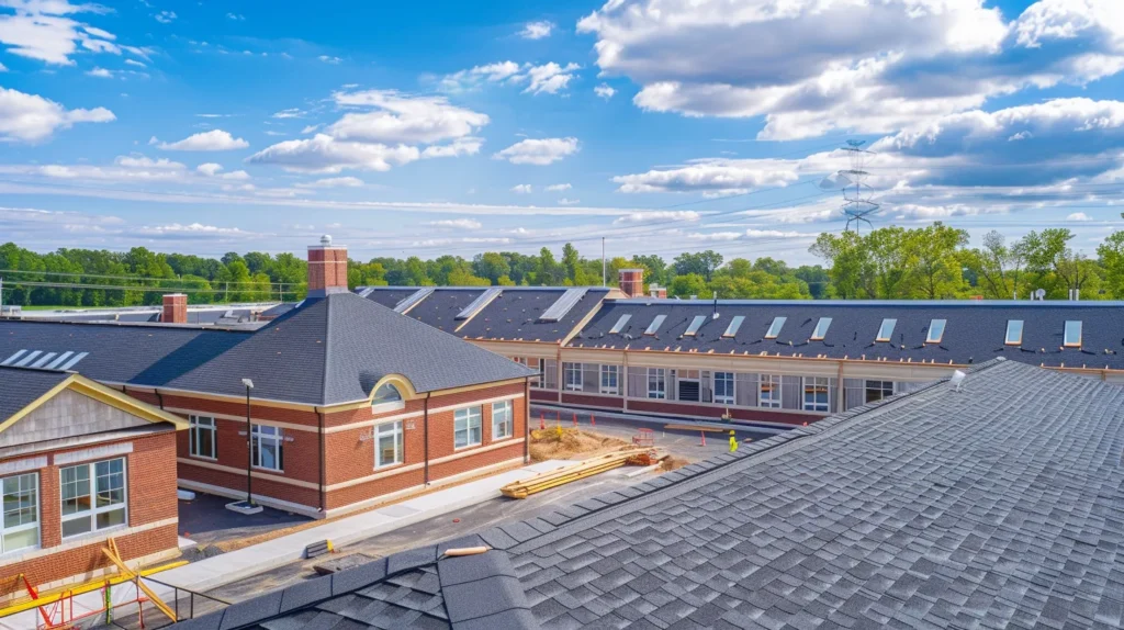 a panoramic view of a bustling new jersey commercial roofing site, showcasing skilled technicians expertly applying a vibrant roof coating under soft, diffused sunlight, with a backdrop of diverse roofing materials and a prominent brick chimney, capturing the essence of local expertise in commercial roofing services.