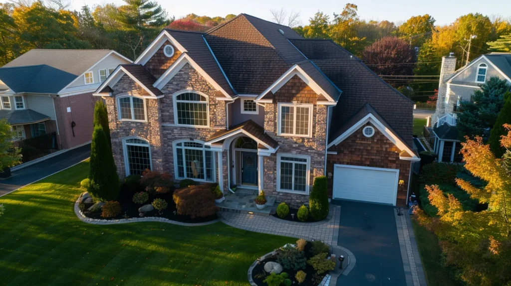 a picturesque new jersey home showcases a newly installed, stylish roof with vibrant shingles under a clear blue sky, symbolizing the durability and aesthetic enhancement brought by affordable roofing services.