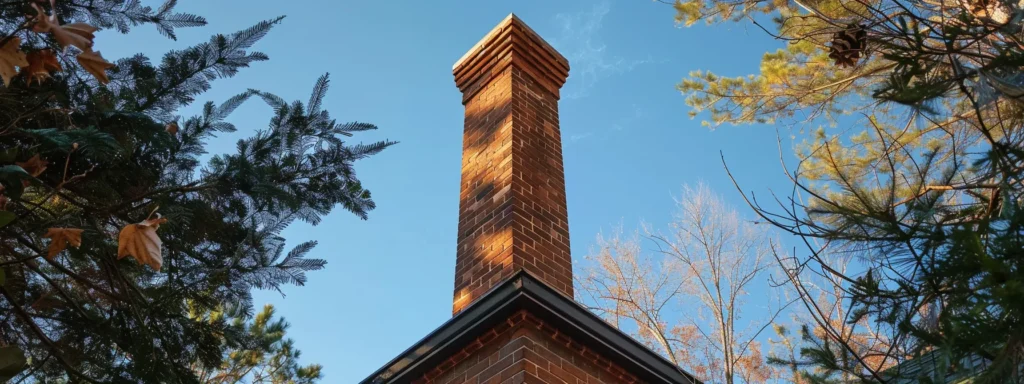 a pristine home exudes warmth as a professional chimney inspector examines a tall, brick chimney against a clear blue sky, symbolizing safety and meticulous service.