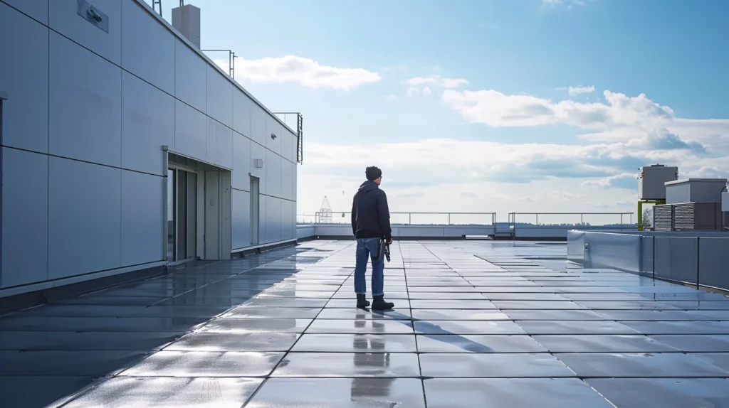 a pristine rooftop showcasing a well-maintained commercial building under bright blue skies, with a skilled technician inspecting the freshly repaired roof, highlighting the importance of reliable roof repair services for business resilience and safety.