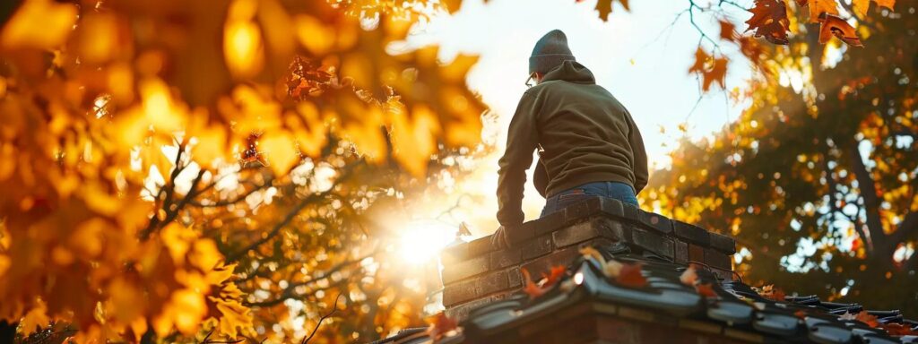 a professional chimney inspector examines a brick chimney against a backdrop of autumn foliage, highlighting the contrast between the rustic structure and vibrant leaves as sunlight streams through the branches.