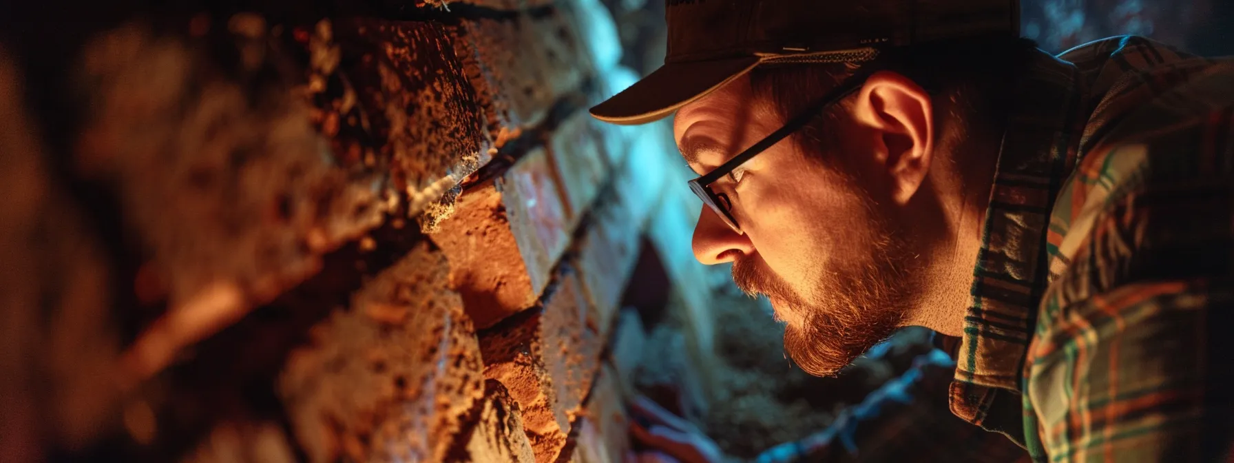 a professional chimney inspector examines the interior of a rustic brick chimney, illuminated by soft, warm lighting that highlights its aged textures and showcases the contrast between expert assessment and a dimly lit diy workspace nearby.