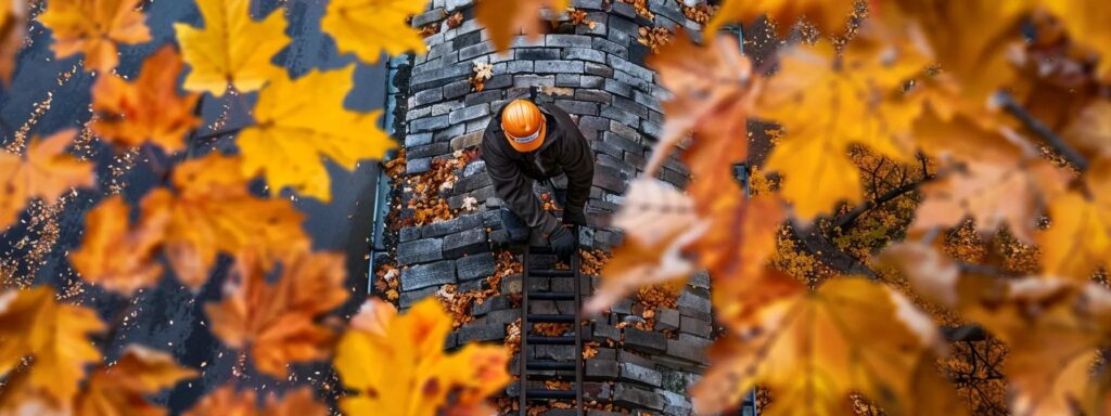 a professional chimney inspector stands confidently atop a ladder, surveying a rustic brick chimney surrounded by vibrant autumn foliage, symbolizing the importance of verified qualifications in ensuring safety and preventing chimney fires.