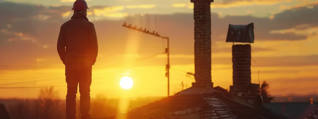 a professional chimney inspector meticulously examines a towering masonry chimney at sunset, highlighting the intricate details of the structure and the reflective surface of the flue, bathed in warm golden light.