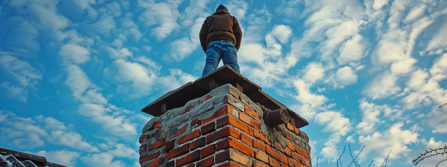 a professional chimney inspector meticulously examines a weathered brick chimney against a vibrant blue sky, highlighting the importance of chimney repair services in new jersey.