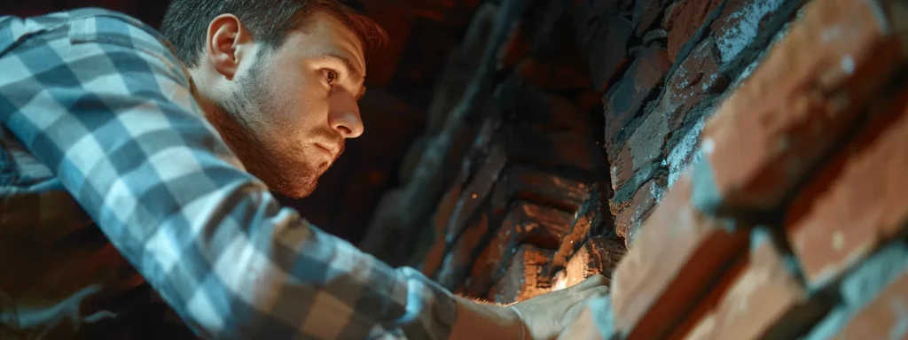 a professional chimney inspector, equipped with specialized tools, meticulously examines a traditional brick chimney under natural daylight, highlighting the detailed craftsmanship and the importance of thorough evaluations in home maintenance.