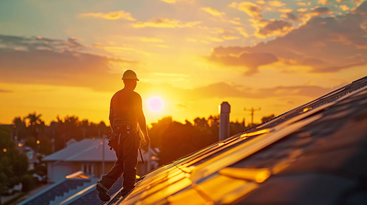 a professional roofing contractor surveys a vibrant skyline, showcasing a newly installed roof glistening under a golden sunset, with tools and equipment subtly arranged to highlight the craftsmanship of roofing, chimney, gutter, and siding services.