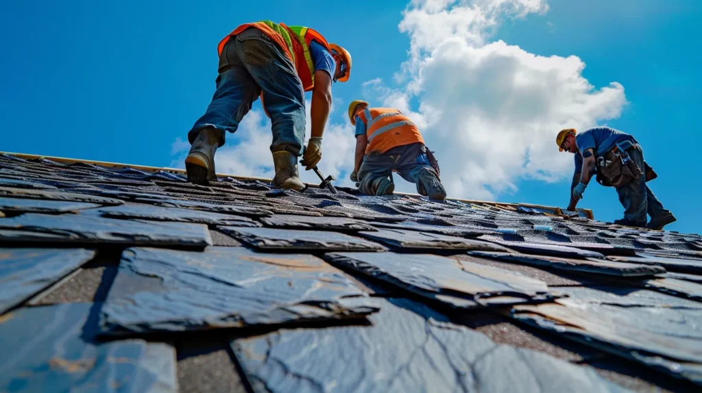 a professional roofing team meticulously repairs a vibrant slate roof under a clear blue sky, highlighting the intricate textures and rich colors of their quality craftsmanship.