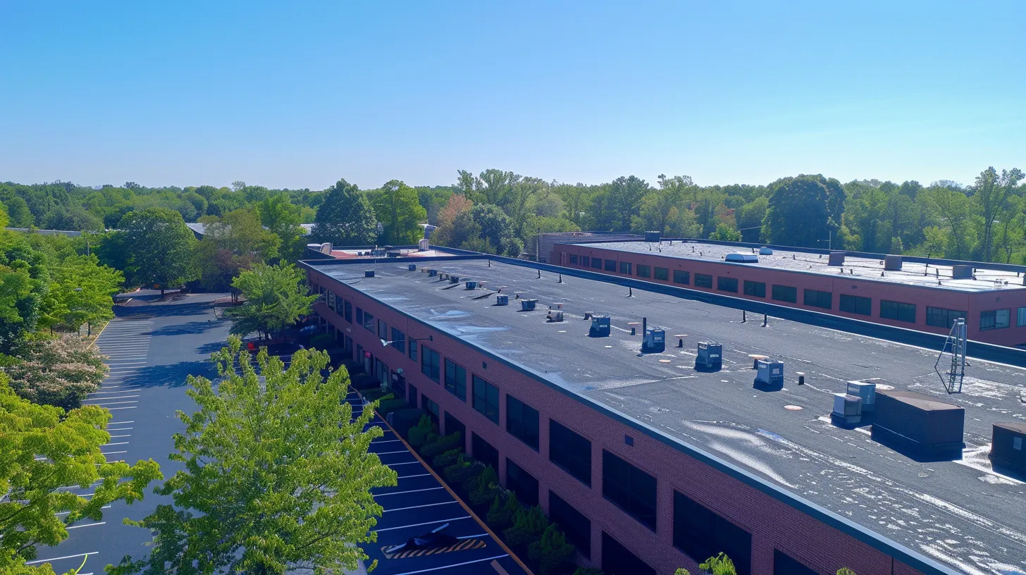 a robust team of professional roofers confidently repairs a vibrant, well-maintained commercial roof under a clear blue sky, showcasing superior quality and service for nj businesses.