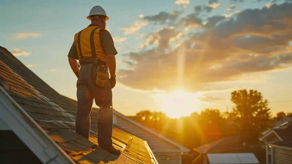 a seasoned contractor inspects a vibrant, newly installed commercial roof under the golden afternoon sunlight, showcasing impeccable craftsmanship and attention to detail, surrounded by the comforting backdrop of well-maintained siding and gutters.