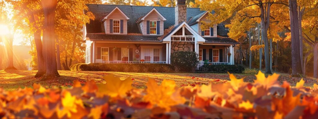 a serene autumn landscape features a cozy home surrounded by colorful falling leaves, with a chimney in clear view, symbolizing the importance of timely inspections and seasonal savings for homeowners.