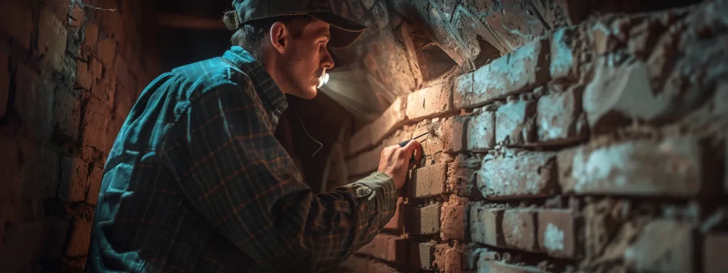 a skilled chimney inspection expert meticulously examines a traditional brick chimney using advanced tools, bathed in warm, natural light that illuminates the intricate textures and highlights the importance of safety in professional maintenance.