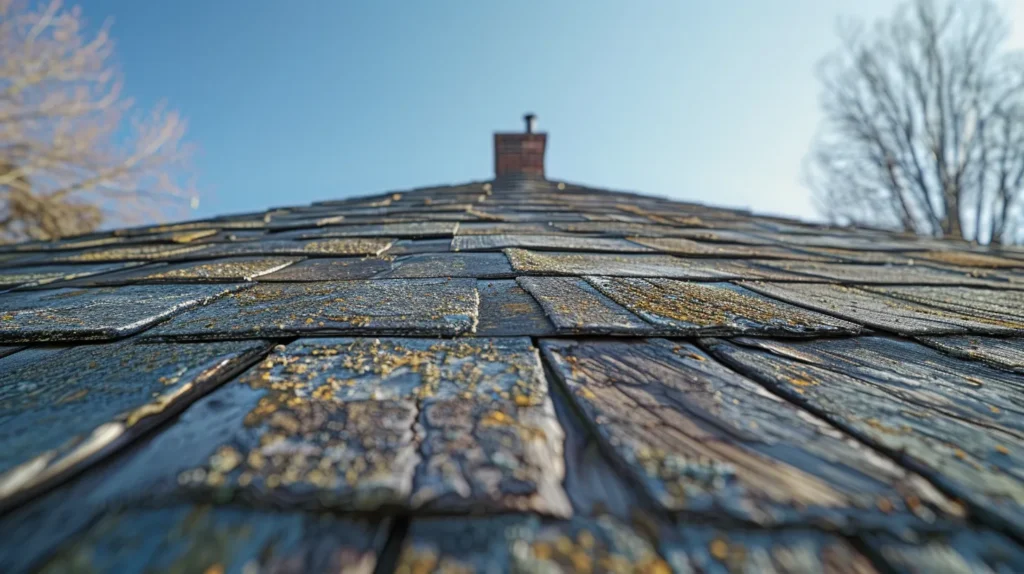 a skilled roofing contractor inspects a robust, weathered roof under a clear blue sky, emphasizing professionalism and trustworthiness in new jersey's vibrant neighborhoods.