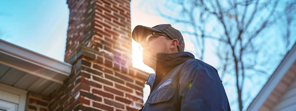 a skilled technician inspects a pristine, brick chimney against a backdrop of a sunlit, cozy home, highlighting the importance of professional evaluations in ensuring safety and efficiency.