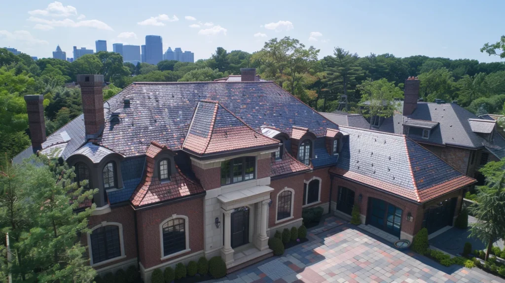 a stunning aerial view of a variety of well-maintained rooftops in new jersey, showcasing diverse types including shingles and metal, under a clear blue sky, highlighting the durability and craftsmanship of affordable roofing services.