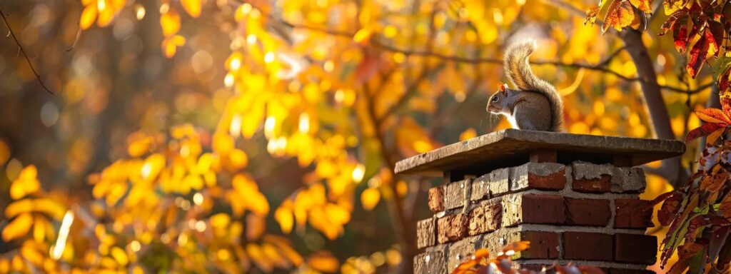 a sunlit chimney adorned with a rustic cap, surrounded by vibrant foliage, symbolizes the importance of regular inspections to ensure safety and prevent damage, while a curious squirrel peeks from behind the bricks.