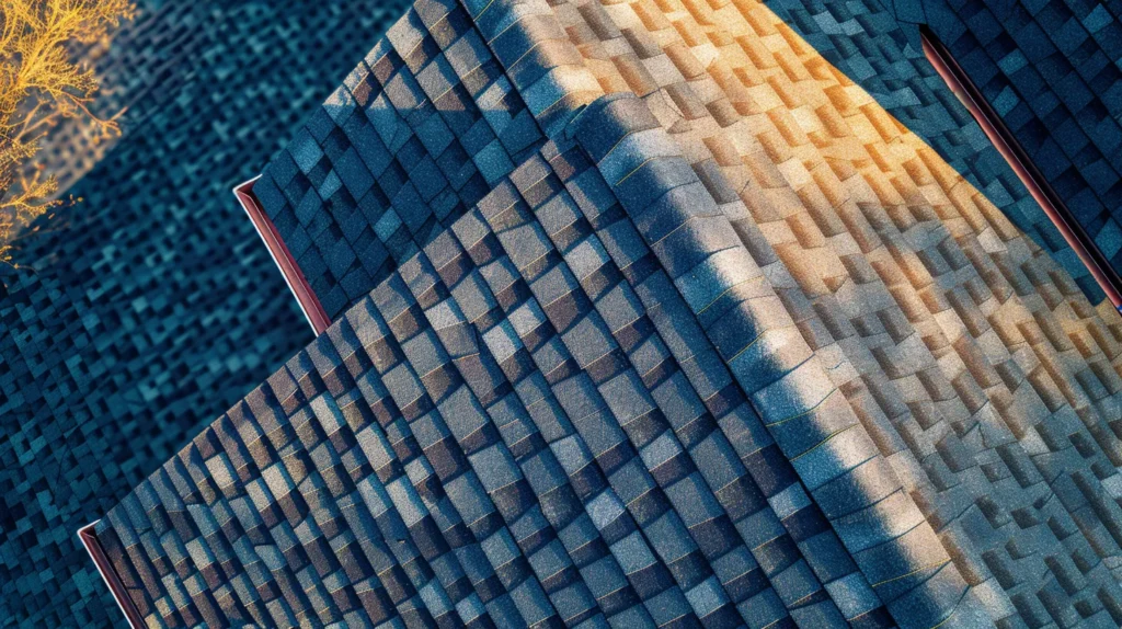 a vibrant aerial view of a well-maintained commercial roof showcases its durable asphalt shingles glistening under the sunlight, symbolizing resilience and protection against storm damage amidst a clear blue sky.