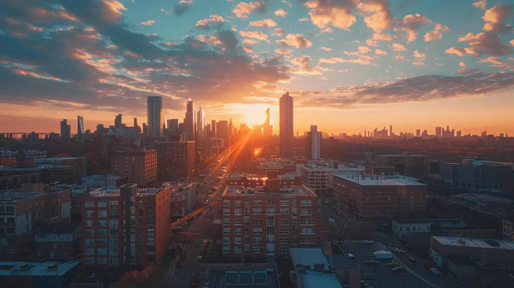 a vibrant aerial view of a bustling commercial district in new jersey, showcasing a team of roof repair professionals efficiently working on a large commercial building with a modern skyline in the background, illuminated by the warm glow of a setting sun.