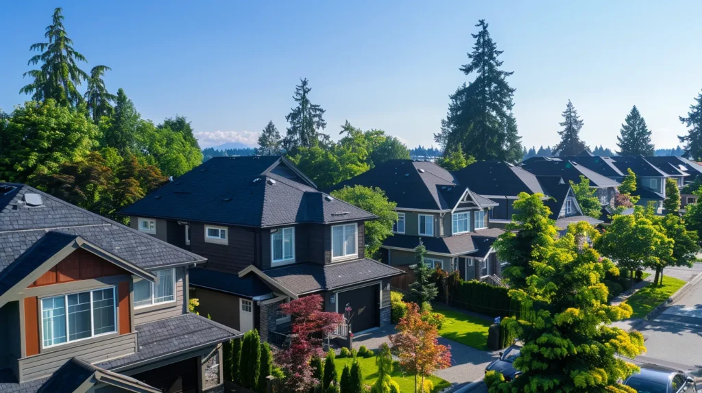 a vibrant roofing project showcases a newly installed, sleek asphalt roof on a charming suburban home, framed by lush green trees and a clear blue sky, symbolizing quality and affordability in roofing services.