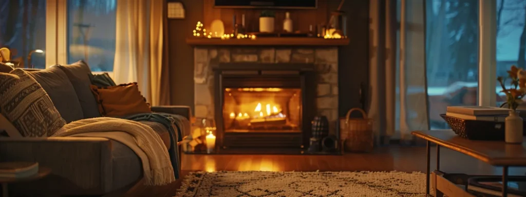 a warmly lit, inviting living room showcases a well-maintained chimney, symbolizing safety and comfort, with flickering flames in a fireplace, emphasizing the importance of professional chimney evaluation services for homeowners.