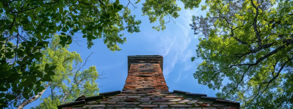 a weathered brick chimney stands prominently against a bright blue sky, surrounded by lush green trees, symbolizing the importance of professional inspections for safety and maintenance in home care.