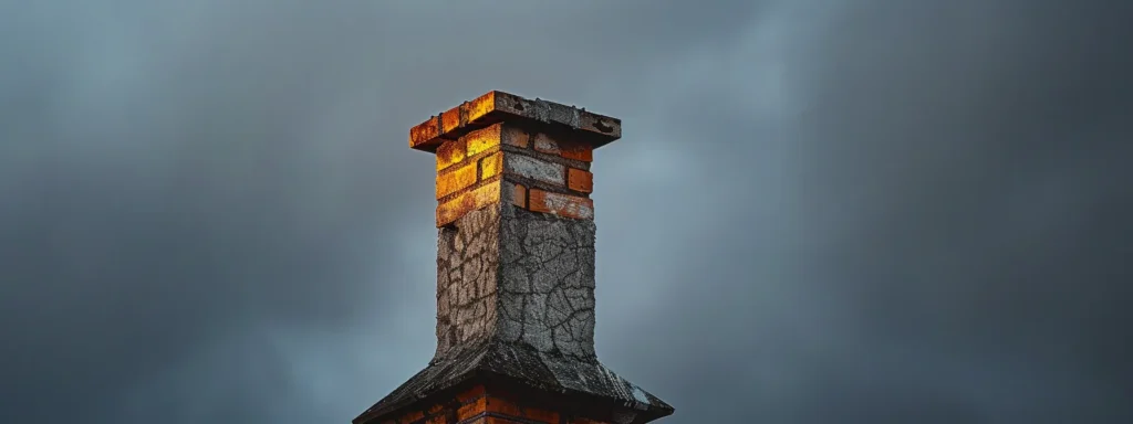 a weathered chimney stands prominently against a moody sky, adorned with subtle signs of wear such as creosote staining and structural cracks, capturing the urgency for expert inspections and repairs.