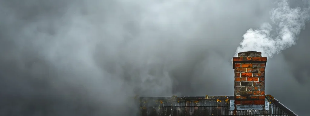 a weathered chimney with visible cracks and stains rises against a moody sky, surrounded by wisps of smoke, capturing the urgent need for repair and the potential hazards of neglect.