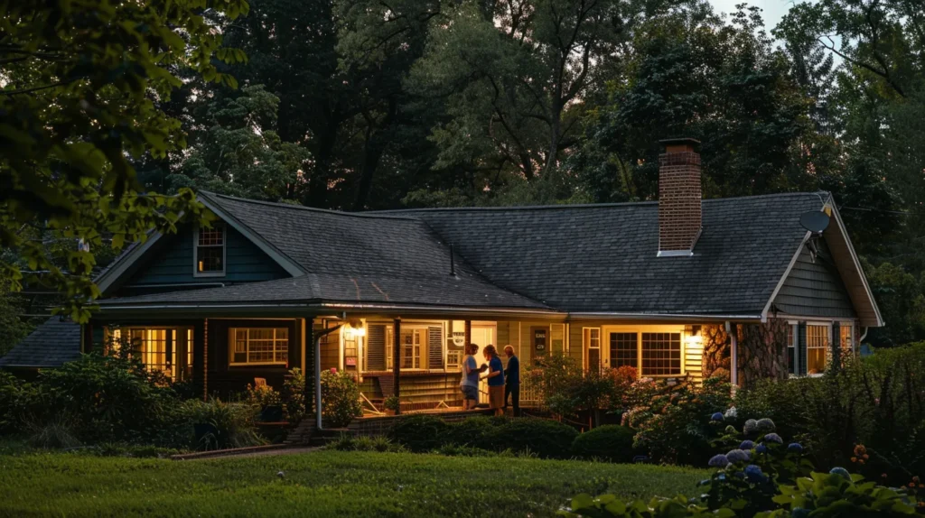 a well-lit exterior view of a charming new jersey home showcases a newly-installed roof, with workers diligently consulting a detailed estimate and discussing quality materials, reflecting the importance of selecting a trustworthy roofing company.