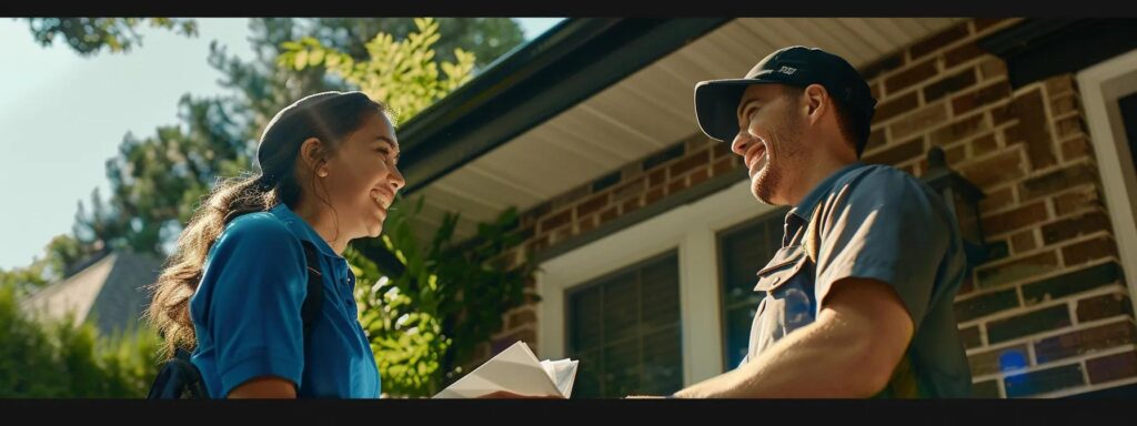 a well-lit and inviting exterior of a chimney inspection service facility, showcasing a professional technician engaging with a satisfied homeowner while discussing pricing and service options, set against a backdrop of lush greenery and a clear blue sky.