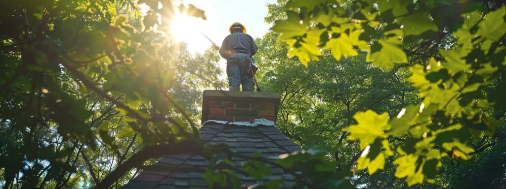 a well-equipped chimney inspector meticulously examines a chimney surrounded by lush greenery, with sunlight filtering through the trees, highlighting the importance of thorough inspections for homeowners in nj.