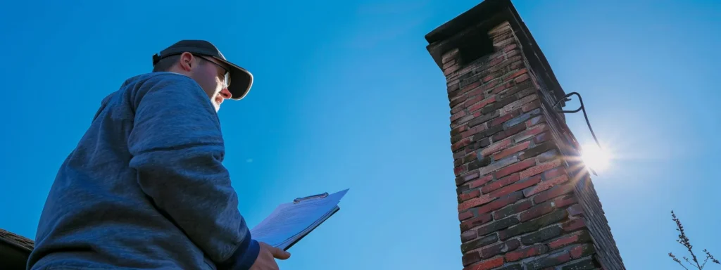 a well-maintained brick chimney stands prominently against a clear blue sky, exuding a sense of safety and reliability, while a professional chimney inspector, equipped with a clipboard, assesses its condition with careful attention.