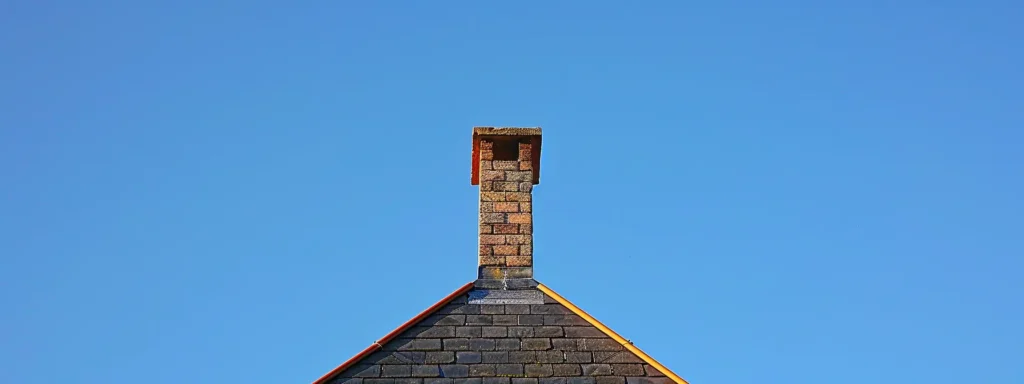 a well-maintained chimney rises majestically against a clear blue sky, surrounded by a cozy home backdrop that exudes warmth and security, symbolizing the importance of safety and efficiency in home care.