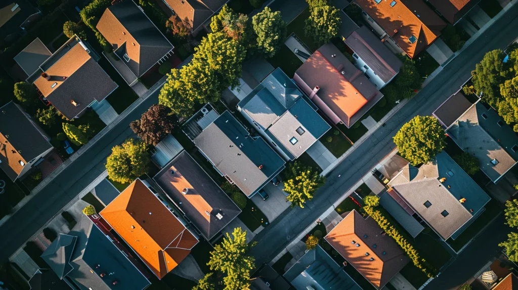 an expansive aerial view captures a vibrant new jersey neighborhood featuring a variety of durable rooftops, complemented by expertly maintained chimneys and gutters, all bathed in the warm glow of a late afternoon sun.