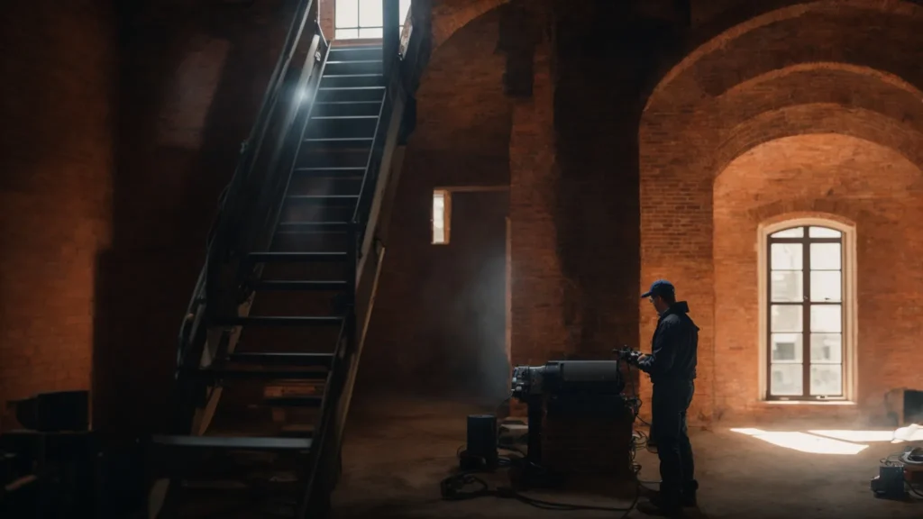 a professional technician inspects a traditional brick chimney using advanced technology, bathed in warm, natural light that highlights the meticulous detailing of the structure, symbolizing the importance of safety and maintenance in chimney care.