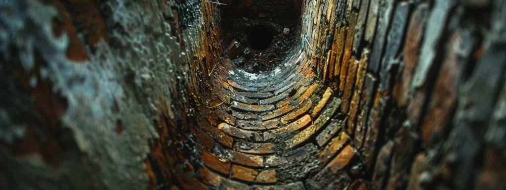 a close-up view of a professionally inspected chimney reveals the intricate detail of its structure, highlighting the dangerous creosote buildup and blockages that threaten fire safety under soft, natural lighting.